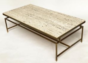 TRAVERTINE LOW TABLE, 1970s Italian marble on gilt metal stretchered base, 122cm W x 61cm D x 39cm