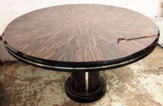 JOHN NICHOLAS BESPOKE ROUND TABLE, with nickel trim around the rim, with a polished figured top,