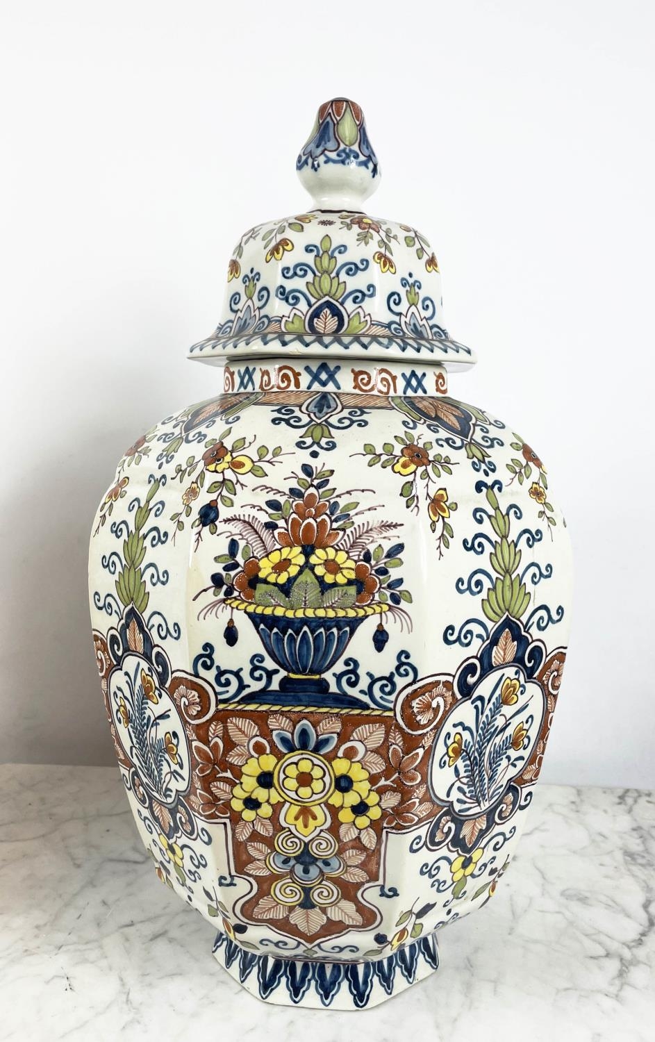 LIDDED DELFT VASES, a pair, 19th century polychrome painted, faceted octagonal form, with foliate - Image 2 of 13