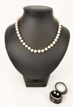 A SINGLE STRAND CULTURED PEARL NECKLACE, 14ct gold clasp, together with a boxed pair of cultured