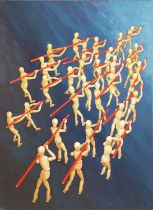 DEREK CARRUTHERS (1935-2021), 'Red Poles', oil on canvas, 122cm x 91cm, signed verso, framed. (
