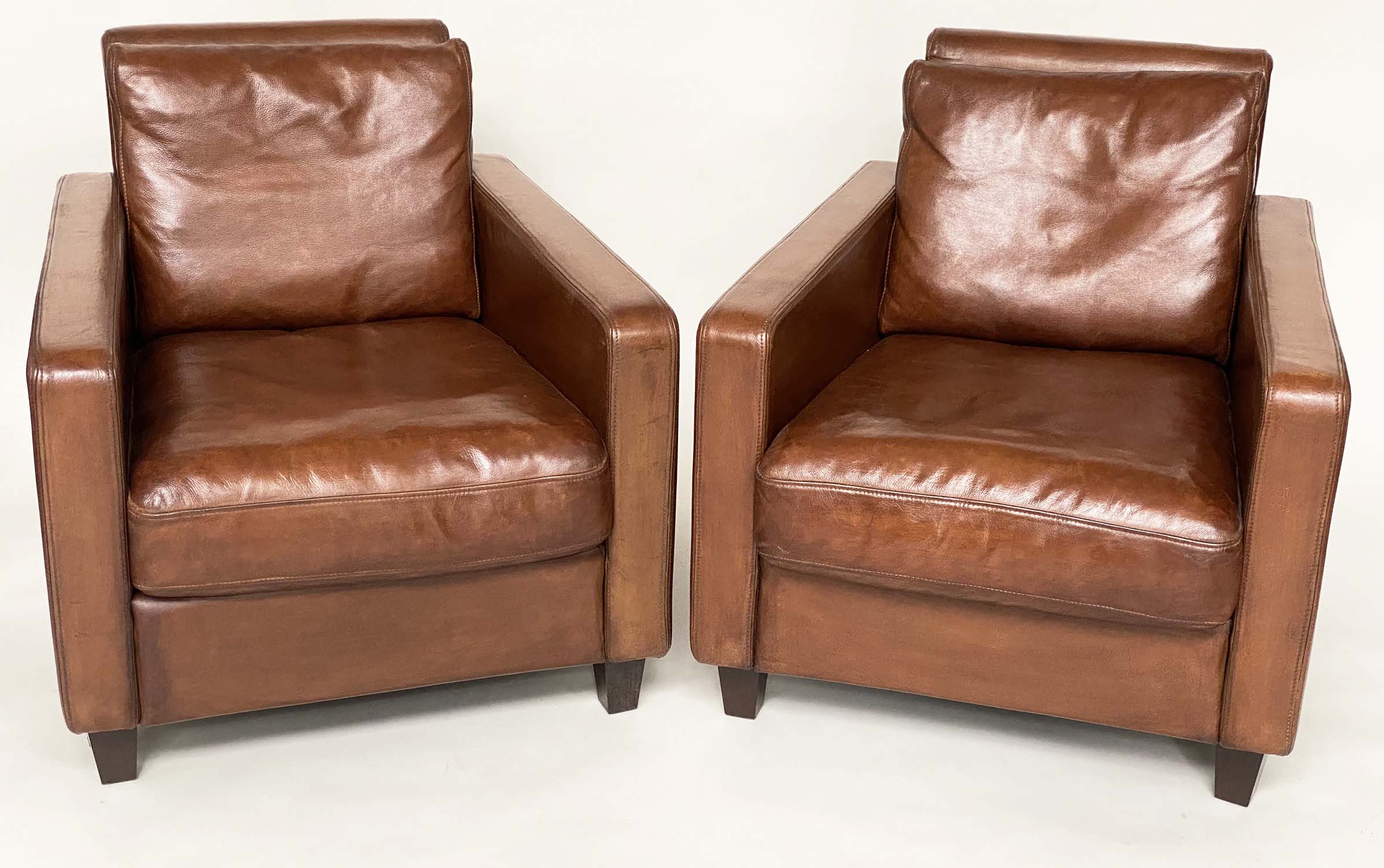 ARMCHAIRS, a pair, 1970s Conran design, mid brown leather upholstered with square back and arms - Bild 13 aus 13