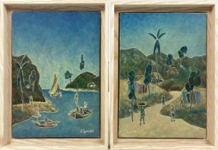 FRITZ LAMOTHE (B1933, Haiti) 'Bay View with Figures', Landscape with Figures', oil on board, 25cm