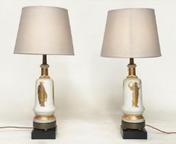 TABLE LAMPS, a pair, opaline glass and gilt of vase form each with Grecian figure and plinth (with