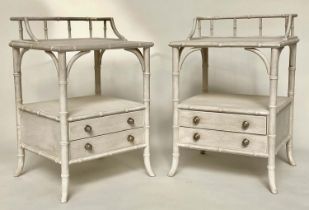 LAMP TABLE ETAGERES, a pair, Regency style faux bamboo and grey painted each with two tiers, two