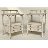 LAMP TABLE ETAGERES, a pair, Regency style faux bamboo and grey painted each with two tiers, two