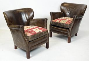 HALO LITTLE PROFESSOR ARMCHAIRS, a pair, studded brown leather with a reversible kilim/leather