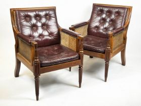 LIBRARY BERGERES, 92cm H x 65cm W, a pair, Regency style mahogany and caned with burgundy leather