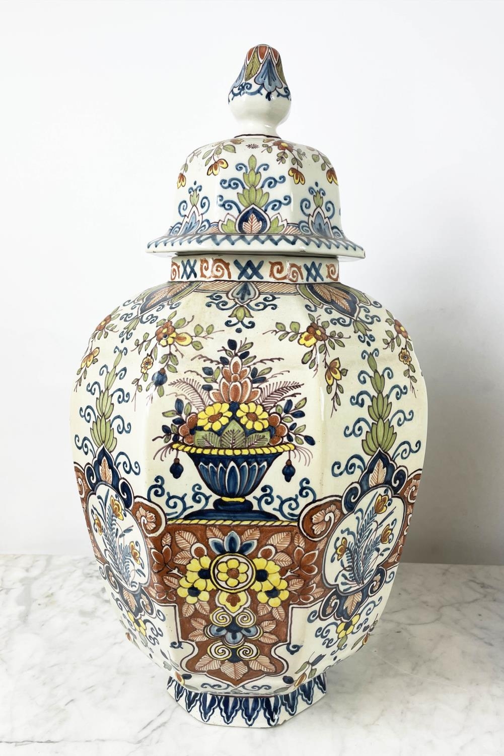 LIDDED DELFT VASES, a pair, 19th century polychrome painted, faceted octagonal form, with foliate - Image 4 of 13