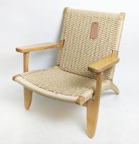 AFTER HANS J WEGNER CH25 STYLE LOUNGE CHAIR, ash framed and rush woven back and seat, 70cm W.