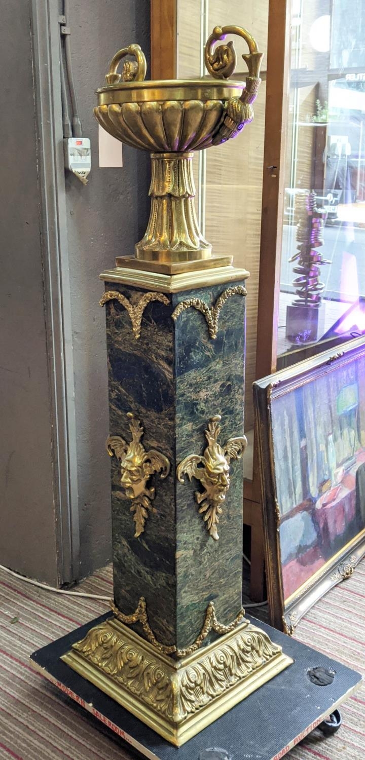 URN ON PEDESTAL, marble and brass mounted, 133cm H.