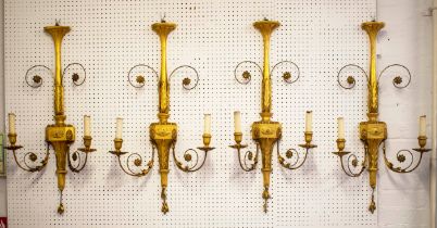 WALL LIGHTS, 85cm H x 44cm W, a set of four, neo classical style giltwood, metal and gesso, each