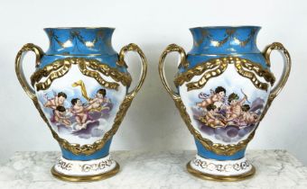 SERVES STYLE VASES, a pair, 'bleu celeste' and gilt with cherup painted cartouchos, 55cm H x 50cm W.