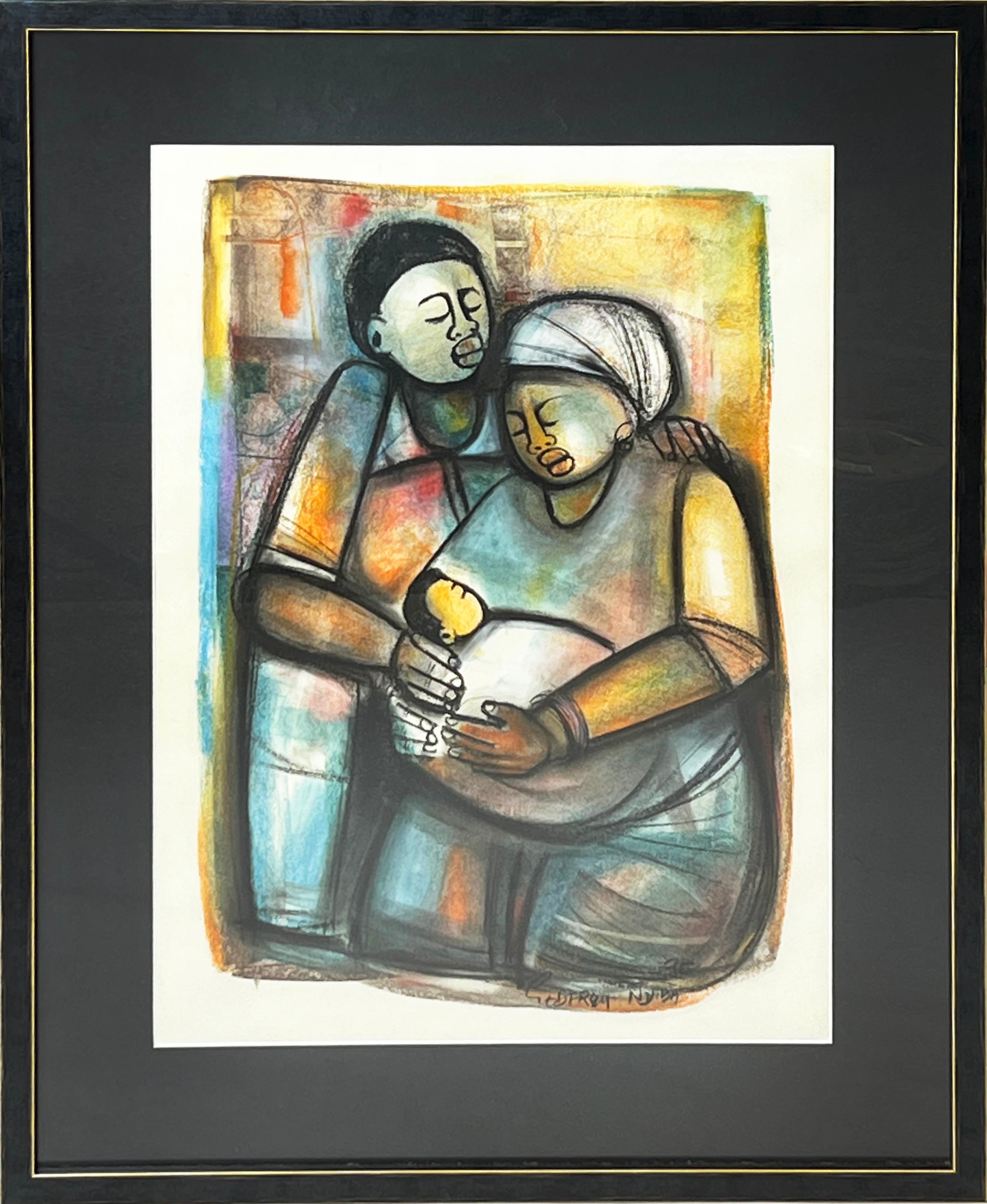 GODFREY NDABA (born 1947, South Africa) 'Family', crayon and water colour, 53cm x 40cm, signed and