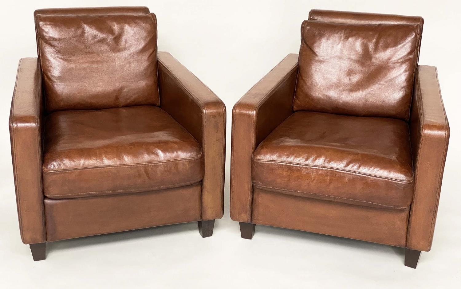 ARMCHAIRS, a pair, 1970s Conran design, mid brown leather upholstered with square back and arms - Bild 11 aus 13