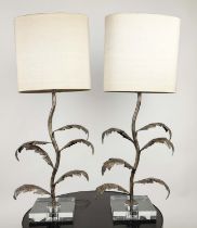PORTA ROMANA LAMPS, a pair, with metal foliate stem on perspex base, each 72cm tall overall,