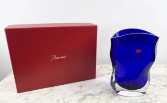 BACCARAT VASE, sapphire blue shaped cut crystal, mark to base, in original box, purchased from