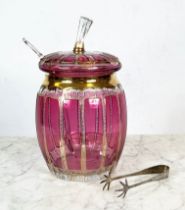 BOHEMIA CZECH PUNCH BOWL AND LADLE, cranberry and gilt cut glass along with silver ice tongs, approx