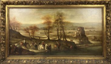 MANNER OF PHILIPS WOUWERMAN, 'Hunting scene with figures', oil on canvas, 73cm x 144cm, framed.