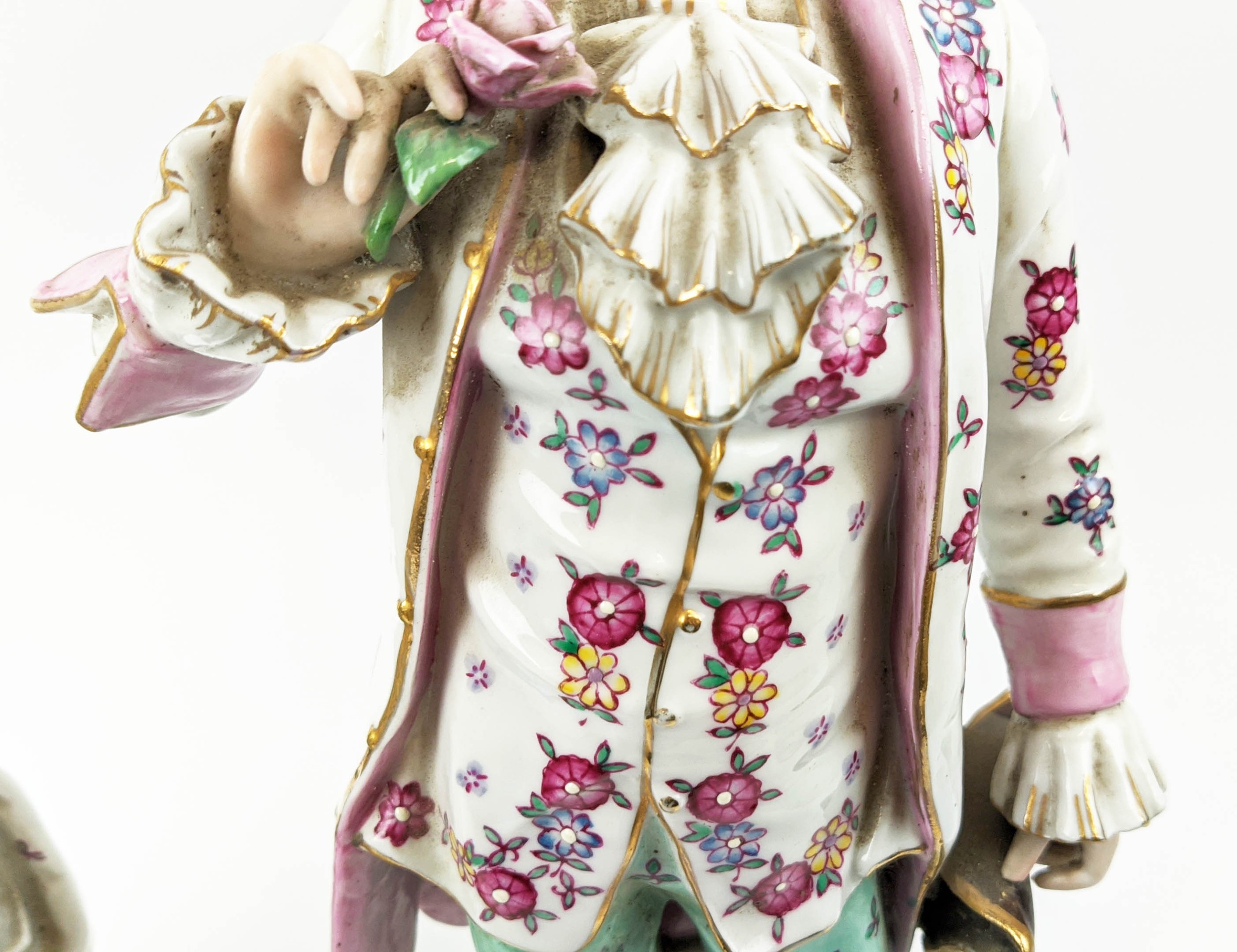 PORCELAIN FIGURE, Dresden style, modelled as a gentlemen dandy with rose and a lady with mirror, - Image 7 of 12