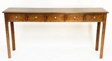 HALL TABLE, George III design burr walnut and crossbanded with five frieze drawers and inner