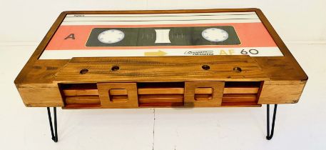 LOW TABLE, 40cm high, 110cm wide, 60cm deep, Retro style cassette tape design, with storage to one