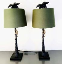 TABLE LAMPS, a pair, 84cm H x 36cm diam., with shades, palm tree bases with climbing monkey