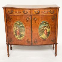 SATINWOOD SIDE CABINET, early 20th century Edwardian bowfront satinwood and painted with two drawers
