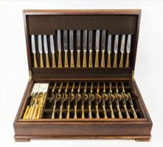 A GARRARDS CASED CANTEEN OF CUTLERY, circa 1980, Louis XVI pattern hard gold-plated cutlery,