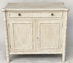 FAUX BAMBOO SIDE CABINET, French style grey painted and faux bamboo with frieze drawer above two
