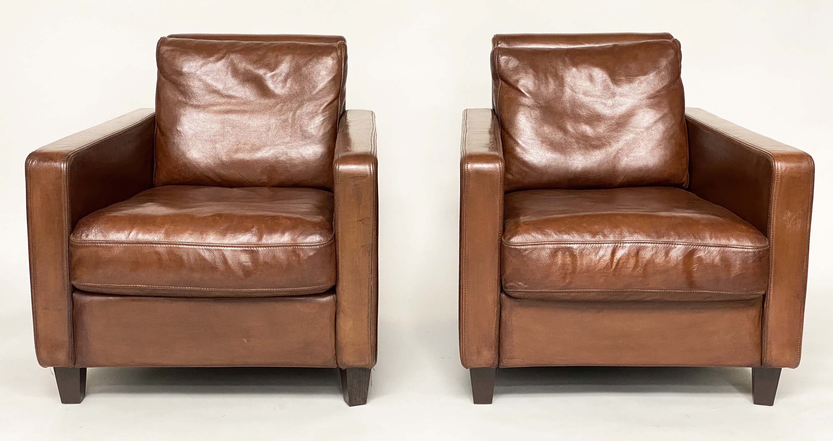 ARMCHAIRS, a pair, 1970s Conran design, mid brown leather upholstered with square back and arms - Bild 6 aus 13