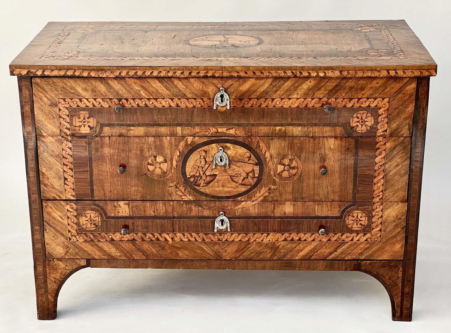 NORTH ITALIAN COMMODE, 18th century Lombardy walnut and marquetry commode with three drawers,