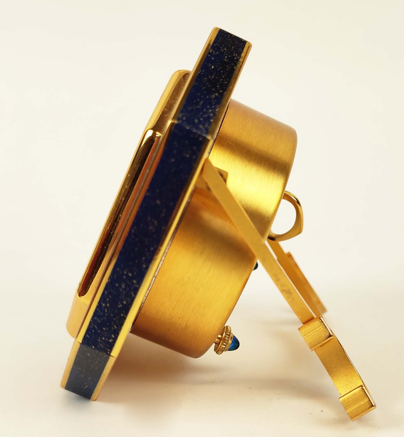 A CARTIER TRAVELLING CLOCK, simulated lapis lazuli enameled gilt octagonal case, white dial with - Image 10 of 19