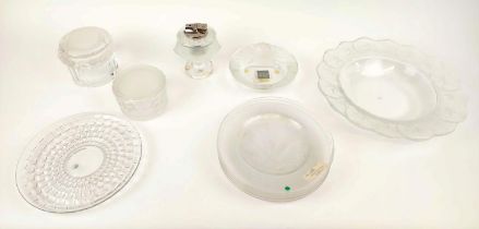 COLLECTION OF LALIQUE GLASS, comprising a Hornflower dish, a frosted glass ashtray with box, a