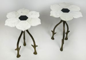 SIDE TABLES, a pair, 1970s Italian design, marble flower head tops on naturalistic branch form