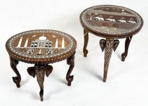 ELEPHANT TABLES, two, including one circular Indian rosewood and bone inlaid, 45cm H x 46cm D and