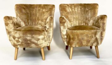 ARMCHAIRS, a pair, Art Deco cloud back with golden velvet upholstery. (2)