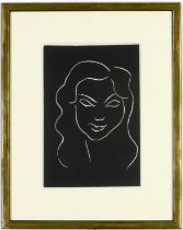 HENRI MATISSE, linocut 1943, head of a woman with long hair, suite Themes and variations Martin
