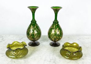 LOETZ BOWLS, a pair, iridescent green glass and a pair of green with gilt decoration bohemia