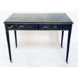 CHINOISERIE WRITING TABLE, early 20th century black lacquered and gilt Chinoiserie decorated with