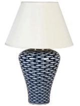 TABLE LAMPS, a pair, 68cm H x 46cm diam., blue and white ceramic with fish design, with shades. (2)