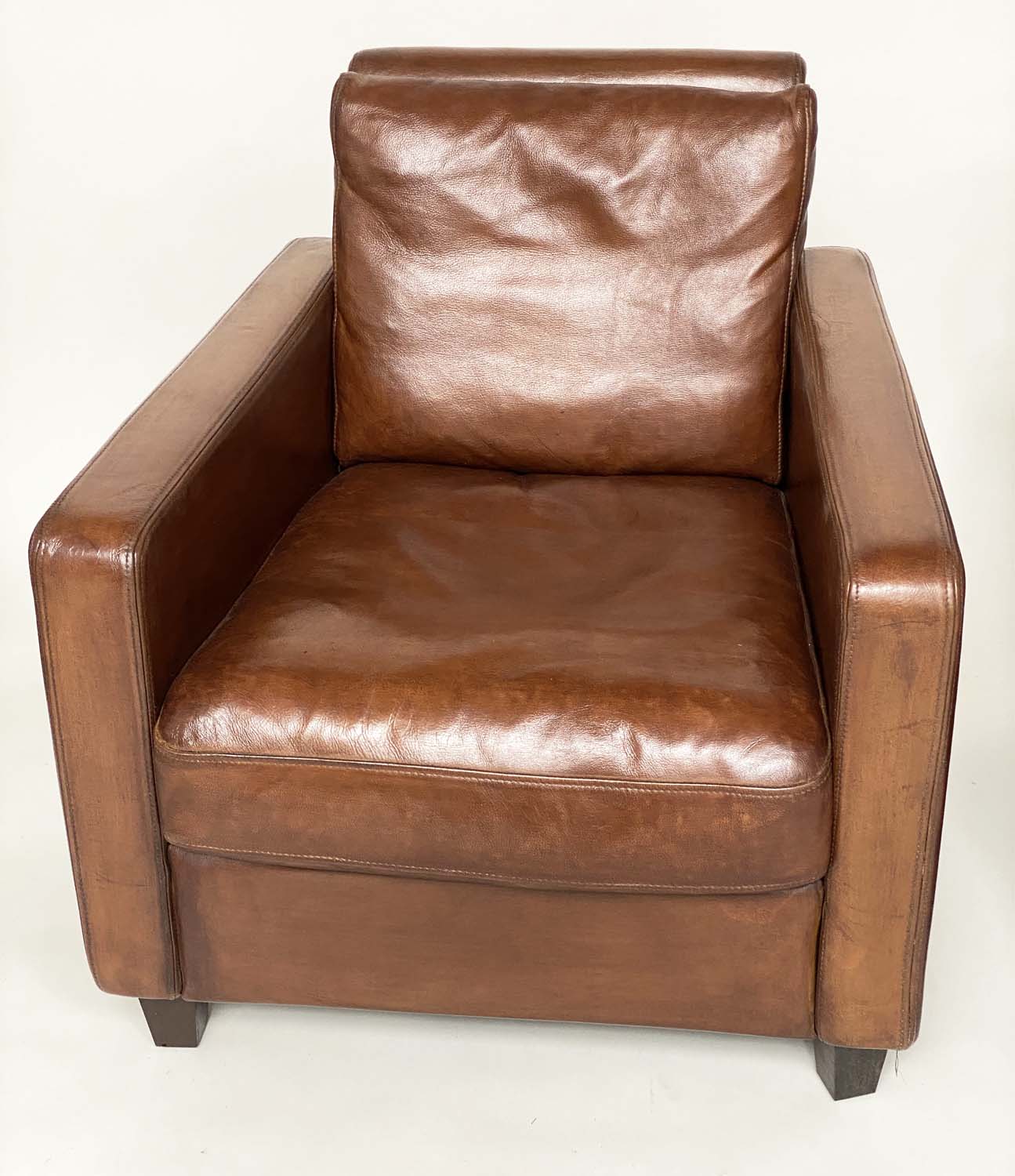 ARMCHAIRS, a pair, 1970s Conran design, mid brown leather upholstered with square back and arms - Bild 4 aus 13