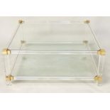 LUCITE LOW TABLE, 1970s square lucite framed with gilt corners and two tier glass shelves, 99cm x