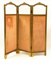 SCREEN, late 19th century French giltwood of three leaves with bevelled glass and pink velvet