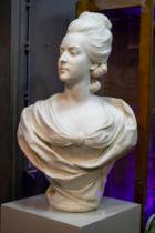 MARBLE BUST OF MARIE ANTOINETTE, 77cm H x 53cm W, with a modern grey painted pedestal, 110cm H x