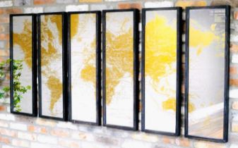 SECTIONAL MAP OF WORLD, overlaid over six framed mirrors, each measuring 91cm high, 31cm wide. (6)
