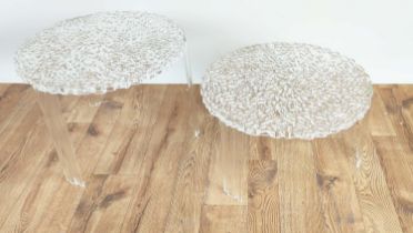 KARTELL T-TABLES, a graduated pair, by Patricia Urquiola, 50cm x 50cm 36cm at largest. (2)