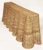 CONSOLE TABLE, cane bound, rattan framed with undulating front and sides, 210cm W x 77cm H x 54cm D.