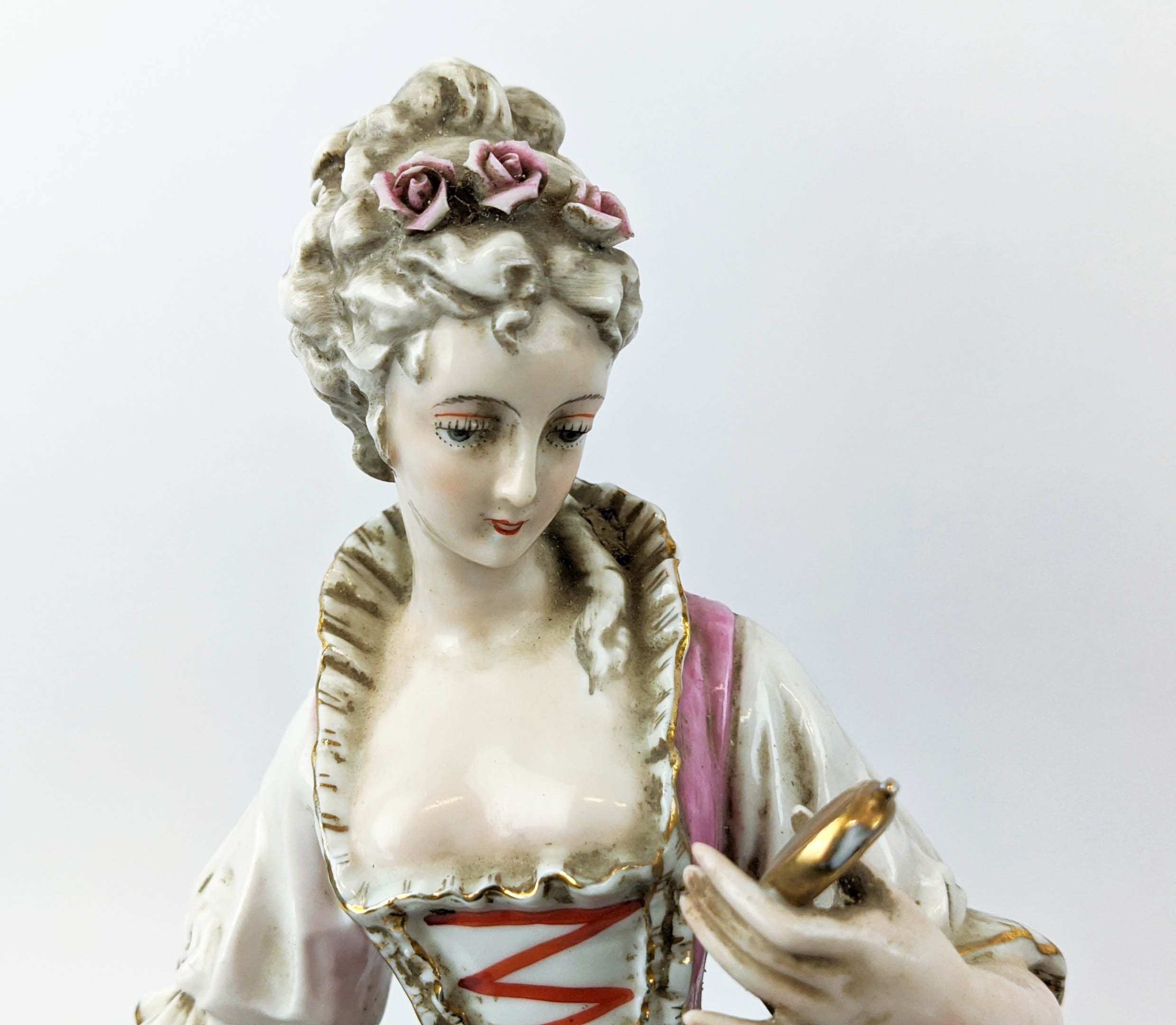 PORCELAIN FIGURE, Dresden style, modelled as a gentlemen dandy with rose and a lady with mirror, - Image 5 of 12