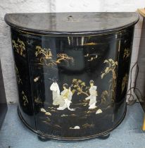 DEMI LUNE SIDE CABINET, 84cm H x 92cm W x 45cm D, Chinese black lacquer and decorated, with single